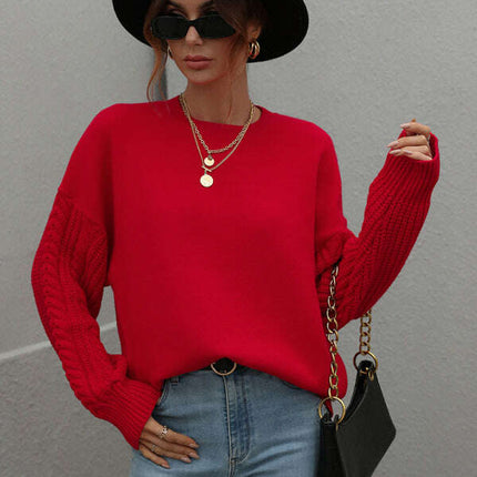 Women's Long Sleeve Thick Knitted Round Neck Twist Rope Top Sweater