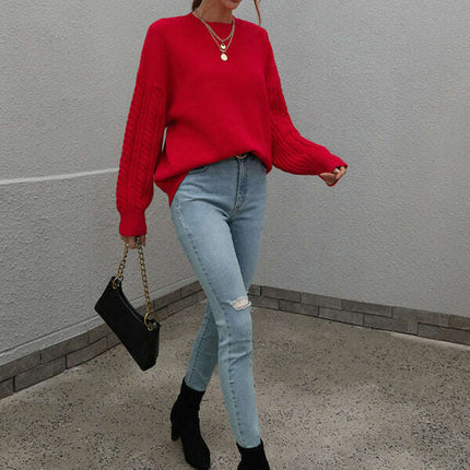 Women's Long Sleeve Thick Knitted Round Neck Twist Rope Top Sweater