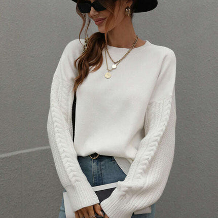 Women's Long Sleeve Thick Knitted Round Neck Twist Rope Top Sweater