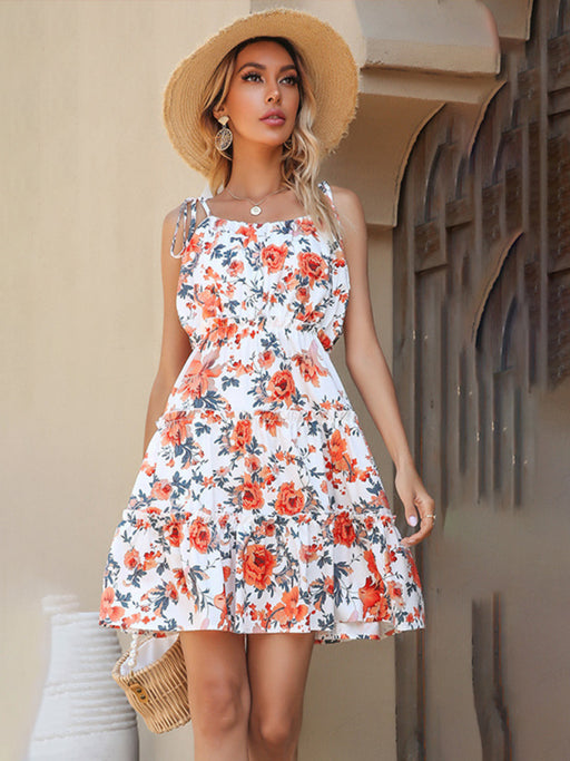 Women's Romantic Floral Bow Detail Suspender Dress with a Touch of Elegance