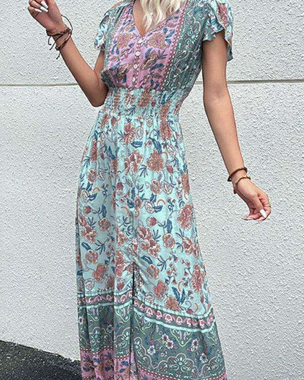Boho Chic Floral V-Neck Rayon Dress with Slit for Women