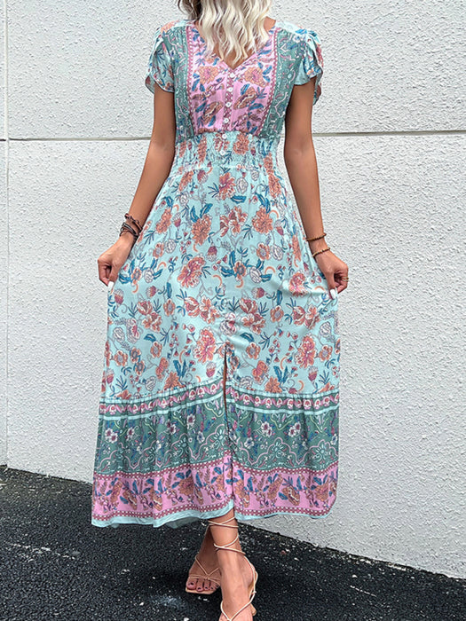 Ethnic Print V-Neck Slit Rayon Dress for Women