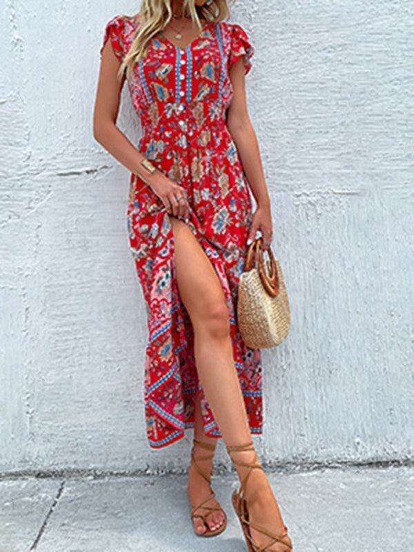 Boho Chic Floral V-Neck Rayon Dress with Slit for Women