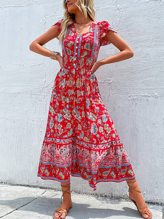 Ethnic Print V-Neck Slit Rayon Dress for Women