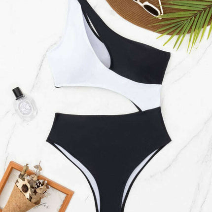 Ladies new black and white stitching contrasting color hollow swimsuit