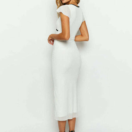 New bow-trimmed low-cut sexy V-neck short-sleeved butt-covering dress