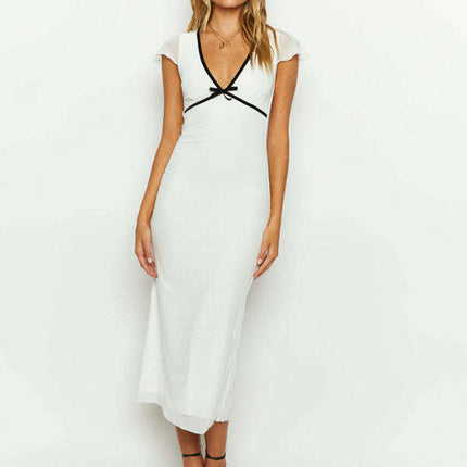 New bow-trimmed low-cut sexy V-neck short-sleeved butt-covering dress