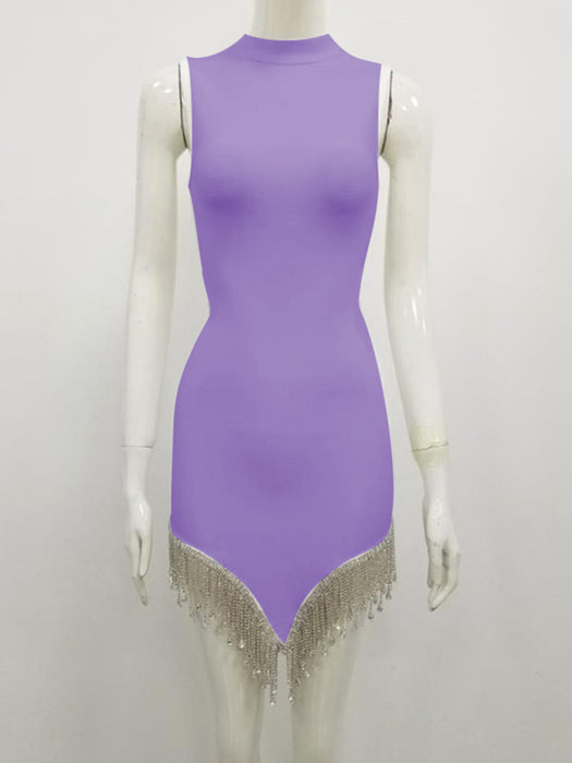 Seductive Sleeveless Tassel Rhinestone Bandage Dress for Women