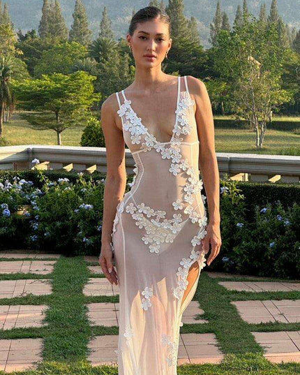 Chic Lace-Trimmed V-Neck Sleeveless Midi Dress for Women