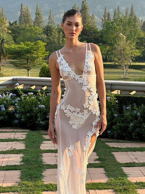 Chic Lace-Trimmed V-Neck Sleeveless Midi Dress for Women