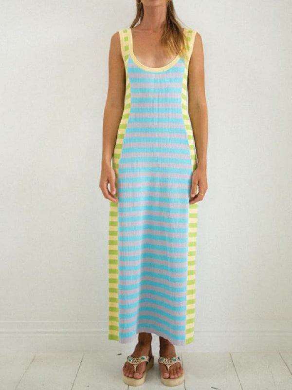 Trendy Color Block Maxi Dress with U-Neck and Open Back Design