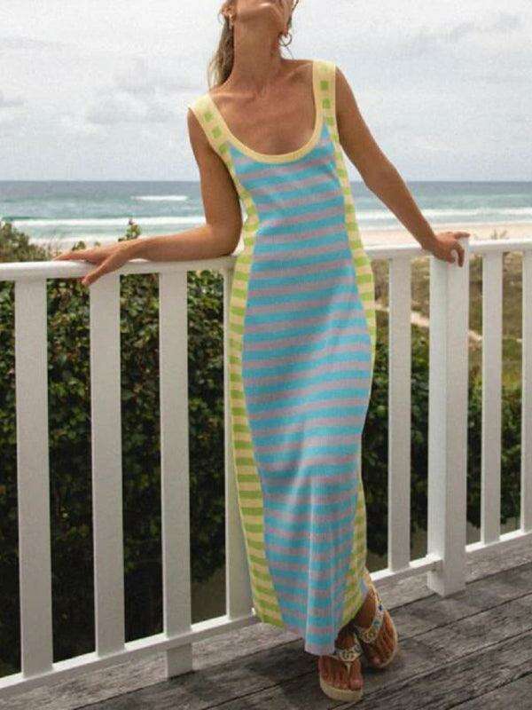 Trendy Color Block Maxi Dress with U-Neck and Open Back Design