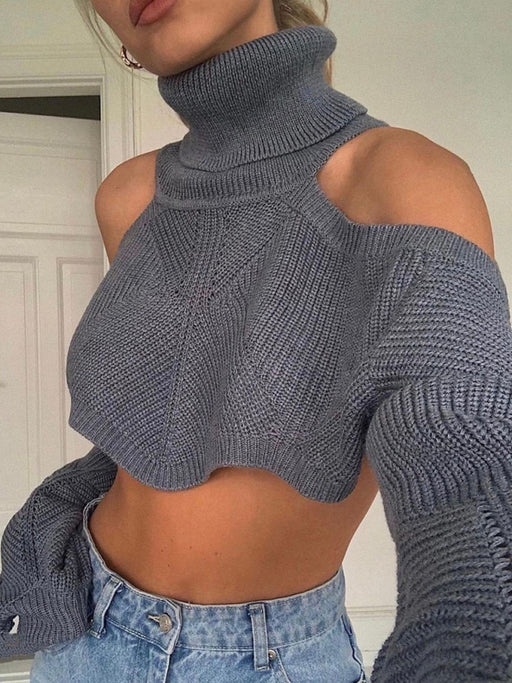 Sultry Turtleneck Knit Sweater with Off-Shoulder Elegance
