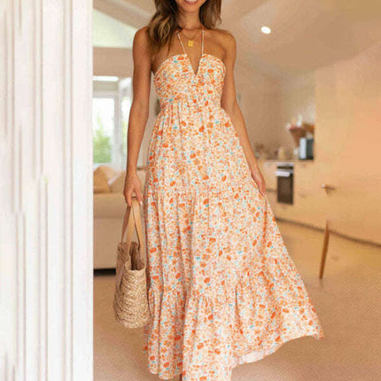 Women's bohemian suspender v-neck long dress