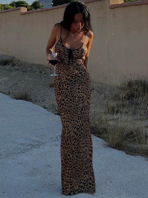Leopard Print Backless Halter Neck Dress with Fashion Straps for Women