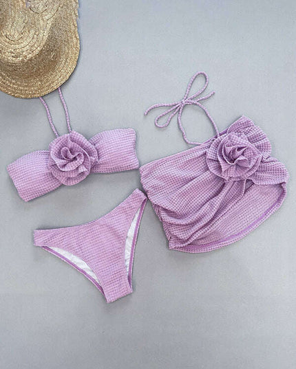 Women's new three-piece bikini three-dimensional flower split swimsuit
