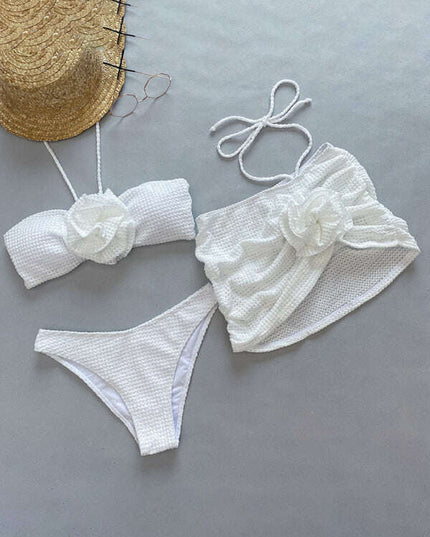 Women's new three-piece bikini three-dimensional flower split swimsuit