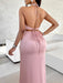 Elegant Solid Color Collared Slit Dress with Suspender Detail for Women