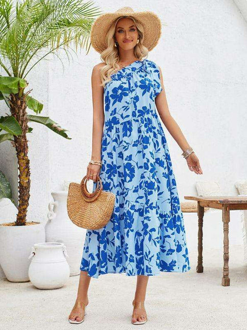 Boho Chic Off-Shoulder Printed Dress with Adjustable Straps and Waist Tie