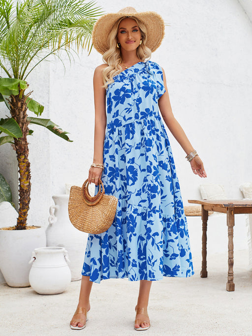 Strappy Bohemian Off-Shoulder Printed Dress with Waist Tie