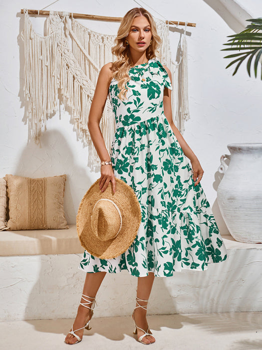 Bohemian Chic Strappy Off-Shoulder Printed Dress with Waist Tie