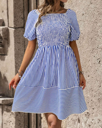 New fashionable puff sleeve striped skirt lapel short sleeve strappy backless dress