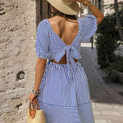 New fashionable puff sleeve striped skirt lapel short sleeve strappy backless dress