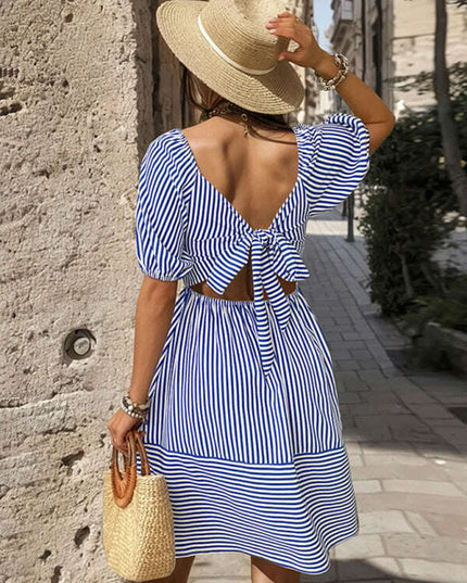New fashionable puff sleeve striped skirt lapel short sleeve strappy backless dress