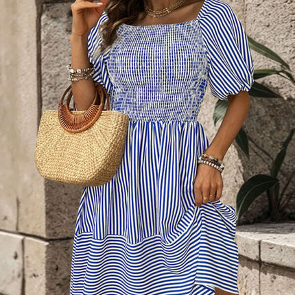 New fashionable puff sleeve striped skirt lapel short sleeve strappy backless dress