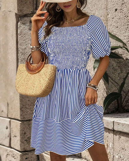 New fashionable puff sleeve striped skirt lapel short sleeve strappy backless dress