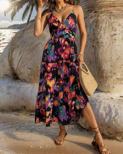 Elegant Floral Backless A-line Dress with Sophisticated Slit Detail