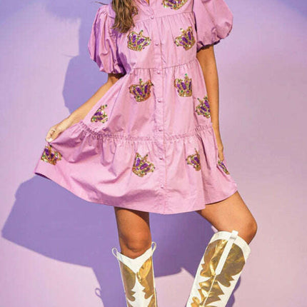 Women's Crown Sequin Puff Sleeve Shirt Dress