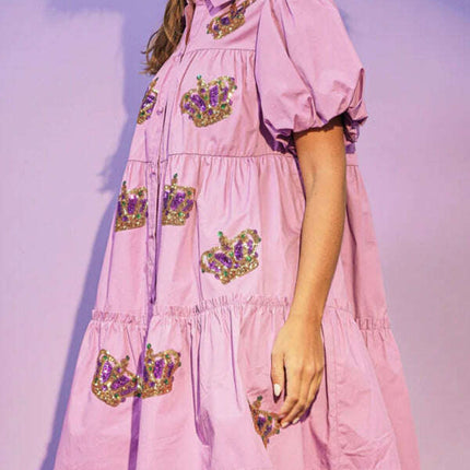 Women's Crown Sequin Puff Sleeve Shirt Dress