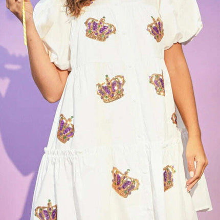 Women's Crown Sequin Puff Sleeve Shirt Dress