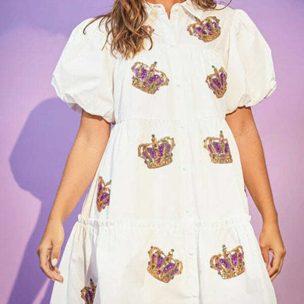 Women's Crown Sequin Puff Sleeve Shirt Dress