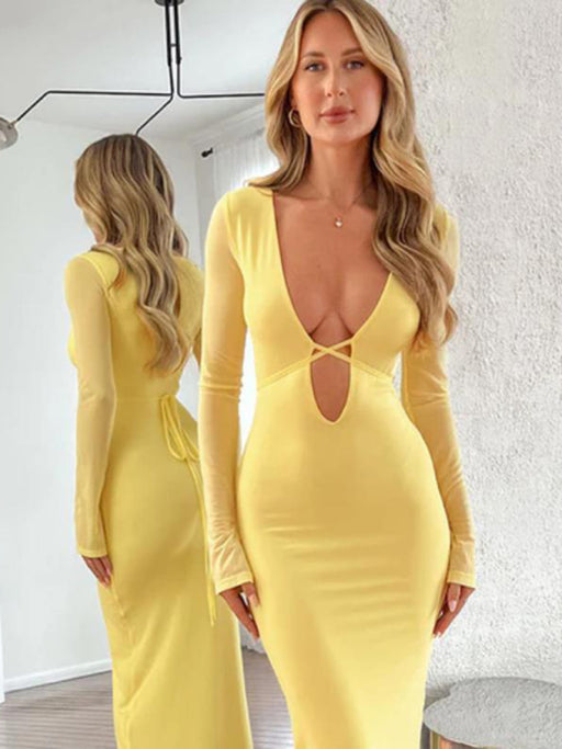 New style hollow mesh long sleeves and deep V neck with dress