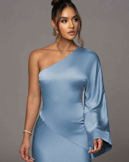 Alluring Satin One-Shoulder Bodycon Dress with Asymmetric Collar