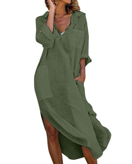 Solid color buttoned slit loose breathable casual long shirt dress