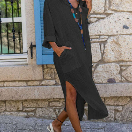Solid color buttoned slit loose breathable casual long shirt dress