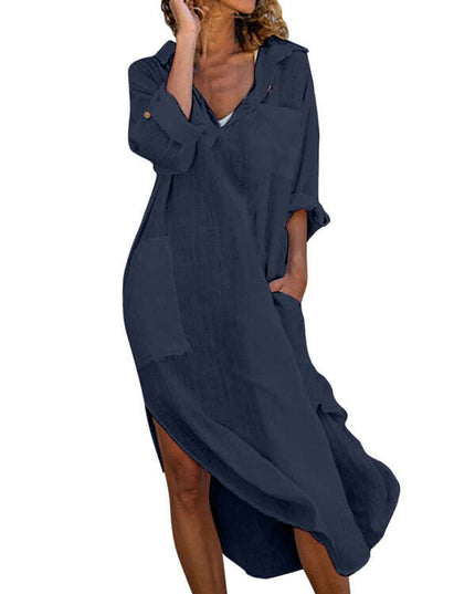 Solid color buttoned slit loose breathable casual long shirt dress