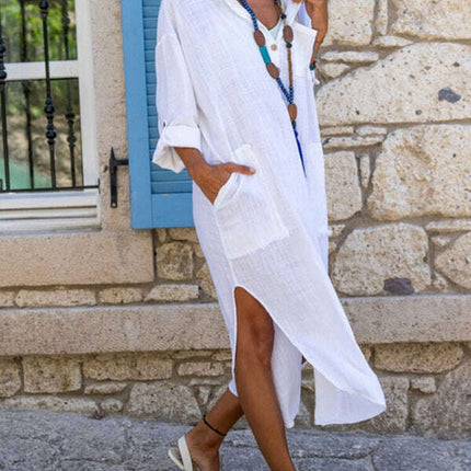 Solid color buttoned slit loose breathable casual long shirt dress