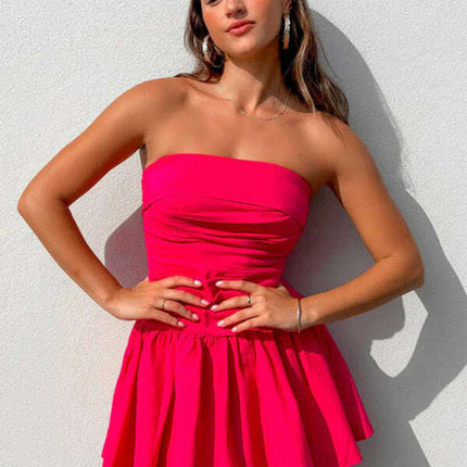 Women Pleated Strapless Mini Dress