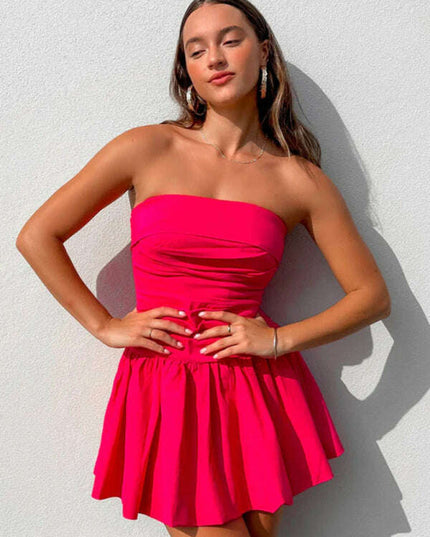 Women Pleated Strapless Mini Dress