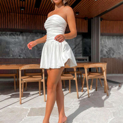 Women Pleated Strapless Mini Dress