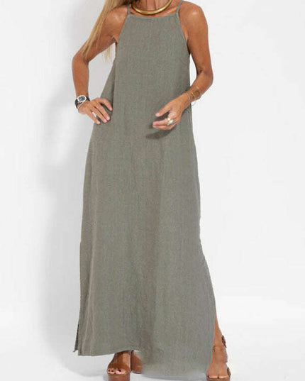 New fashionable casual cotton and linen slit suspender dress