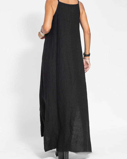 New fashionable casual cotton and linen slit suspender dress