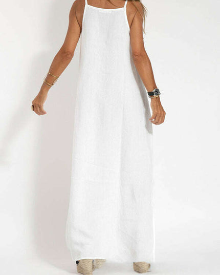 New fashionable casual cotton and linen slit suspender dress