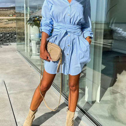 New lace-up cardigan multi-color roll-sleeve shirt dress