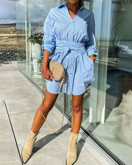 New lace-up cardigan multi-color roll-sleeve shirt dress