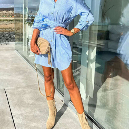 New lace-up cardigan multi-color roll-sleeve shirt dress